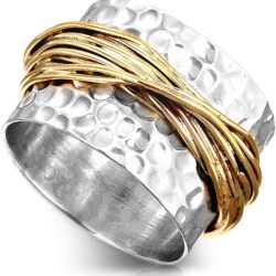 Boho-Magic 925 Sterling Silver Band Ring for Women with Brass Wrap Wide Statement Ring