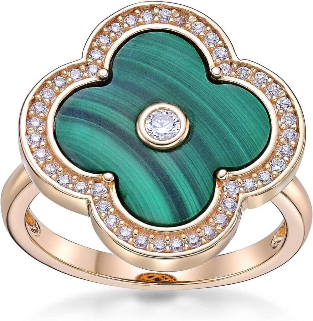 Lavari Jewelers Four Leaf Clover Flower Ring for Women - Black Onyx Green Malachite or Mother of Pearl & Cubic Zirconia in 925 Sterling Silver - Hypoallergenic Rhodium Plated - Halo Ring Size 5 to 10