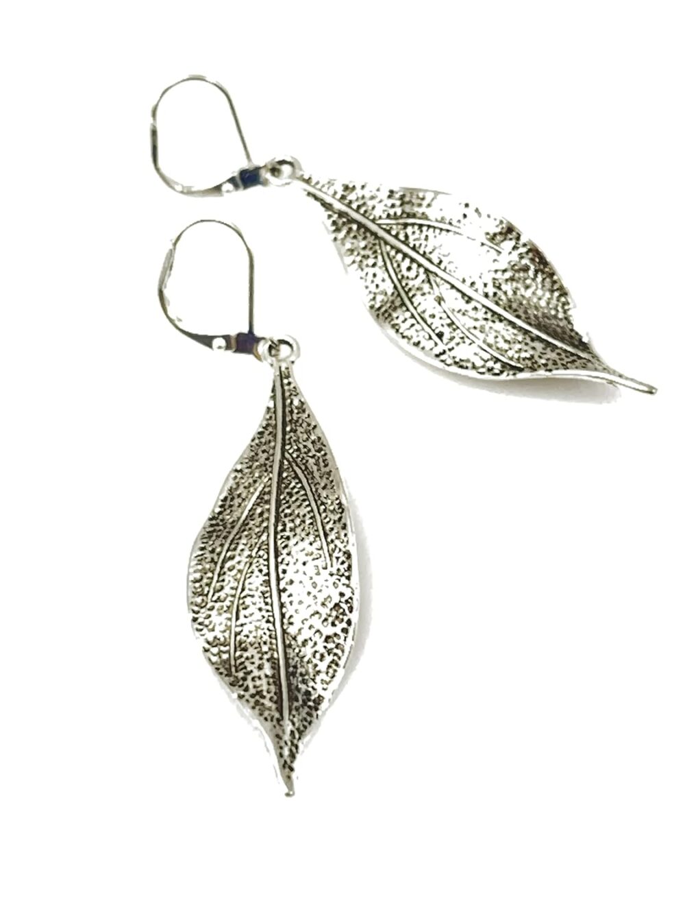 Antiqued Pewter Leaf Lever Back Earrings - Long, Stylish & Elegant