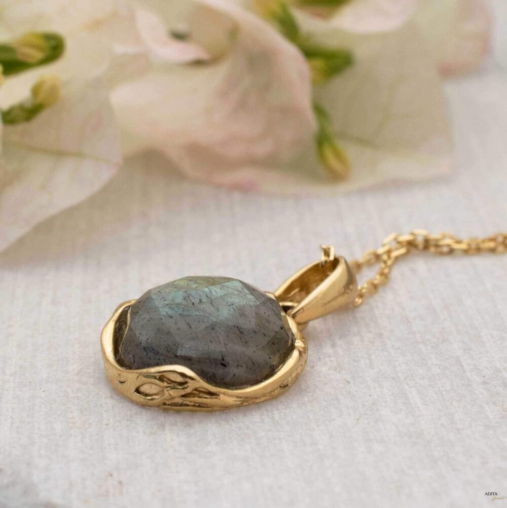 14K Gold Plated Labradorite Necklace Pendant - March Birthstone, Handmade Vintage Style Jewelry for Women - Image 4