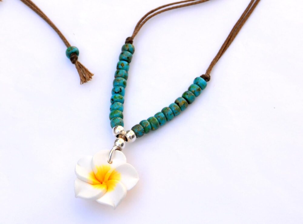 Boho Choker Necklace for Women and Teen Girls, Hawaii Hawaiian Tropical Plumeria Flower Turquoise Beaded Adjustable Beach Summer String Necklace, Handmade Bohemian Hippie Unique Jewelry by Tribes - Image 2