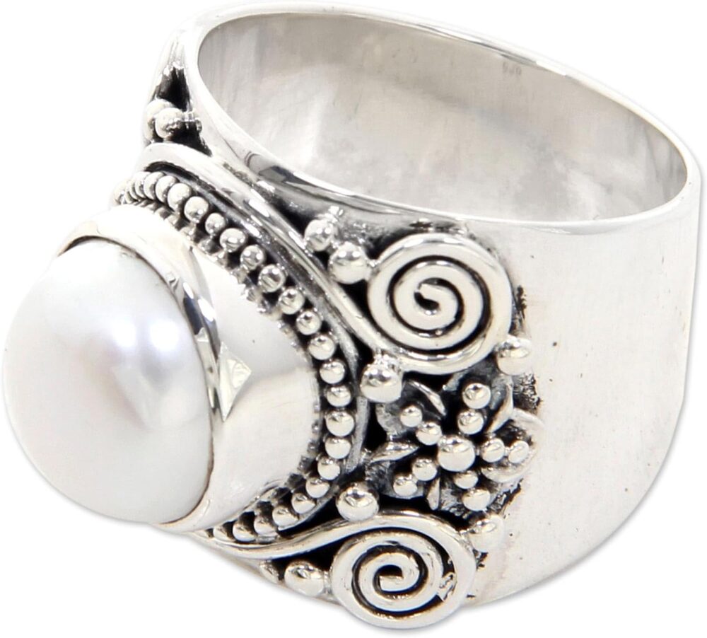 NOVICA Artisan Handmade Cultured Freshwater Pearl Flower Ring .925 Sterling Silver Cocktail White Indonesia Birthstone 'White Frangipani'