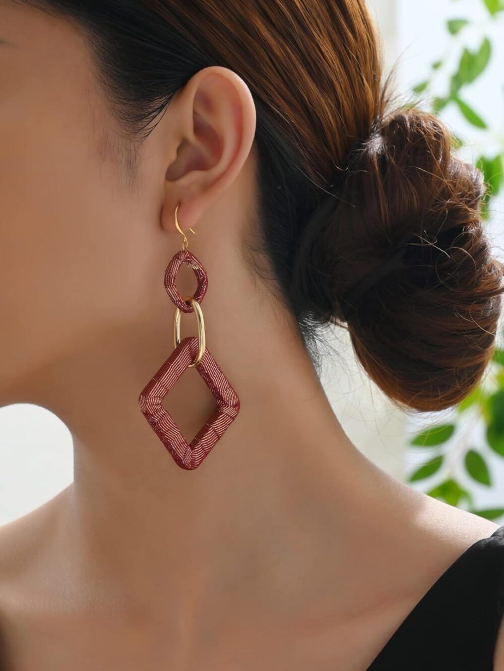 Handmade Earrings, Silk Fabric Wrapped Wine Red Large Boho Loop Earrings for Women, Bohemian Style Exaggerated Square Long Hoop Earrings, Drop And Dangle Earring For Women Girls, Bright, Flamboyant - Image 5