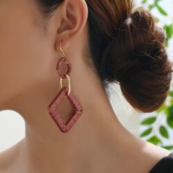 Handmade Earrings, Silk Fabric Wrapped Wine Red Large Boho Loop Earrings for Women, Bohemian Style Exaggerated Square Long Hoop Earrings, Drop And Dangle Earring For Women Girls, Bright, Flamboyant - Image 5