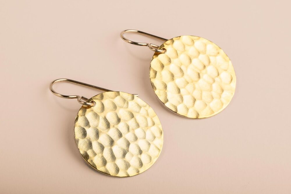 Hammered Disc Dangle Earrings | Large Round Circle Textured Drop Earrings in Silver, Gold, or Rose Gold (Gold) - Image 6