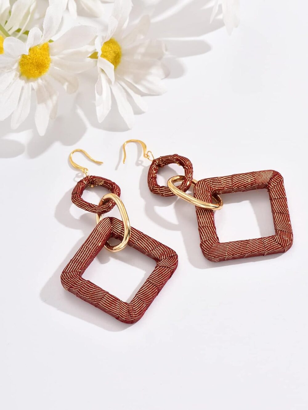 Handmade Earrings, Silk Fabric Wrapped Wine Red Large Boho Loop Earrings for Women, Bohemian Style Exaggerated Square Long Hoop Earrings, Drop And Dangle Earring For Women Girls, Bright, Flamboyant - Image 3