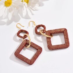 Handmade Earrings, Silk Fabric Wrapped Wine Red Large Boho Loop Earrings for Women, Bohemian Style Exaggerated Square Long Hoop Earrings, Drop And Dangle Earring For Women Girls, Bright, Flamboyant - Image 3