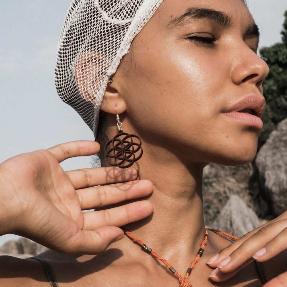 Seed of Life Earrings: Silver Hooks, Wooden Laser Cut, Sacred Geometry Jewelry - Image 2