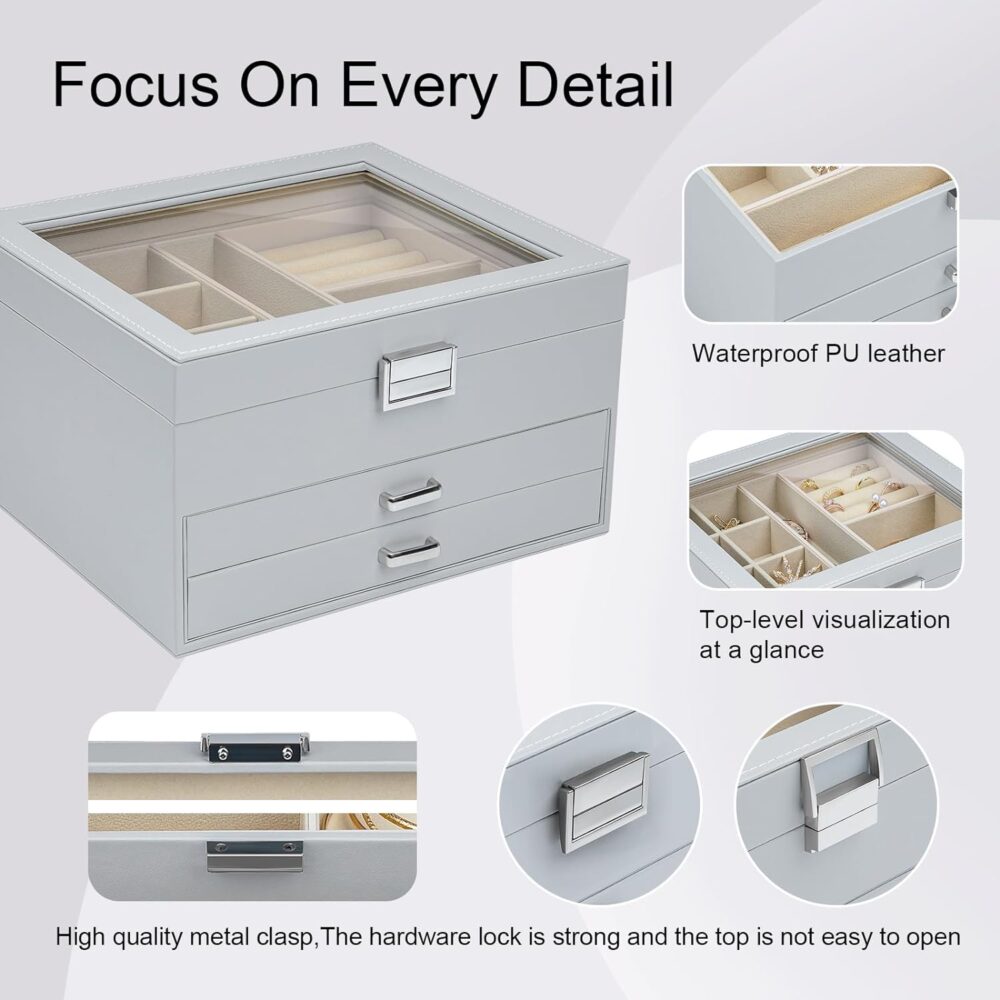 Jewelry Box with Clear Lid, 3-Layer Jewelry Organizer box with 2 Drawers,for Rings Earrings Necklace Bracelets jewelry boxes for Women Girls (Grey) - Image 2