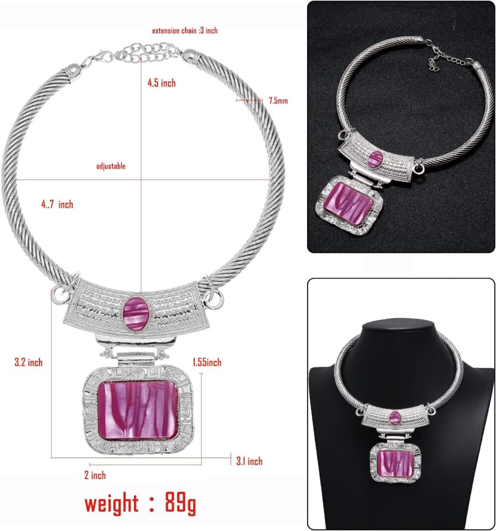 HSQYJ Fashion Exaggerate Bohemian Crystal Statement Necklace Retro Ethnic Tribal Charm Geometry Pendant Necklaces for Women Girl Costume Jewelry (Silver+Pink) - Image 3