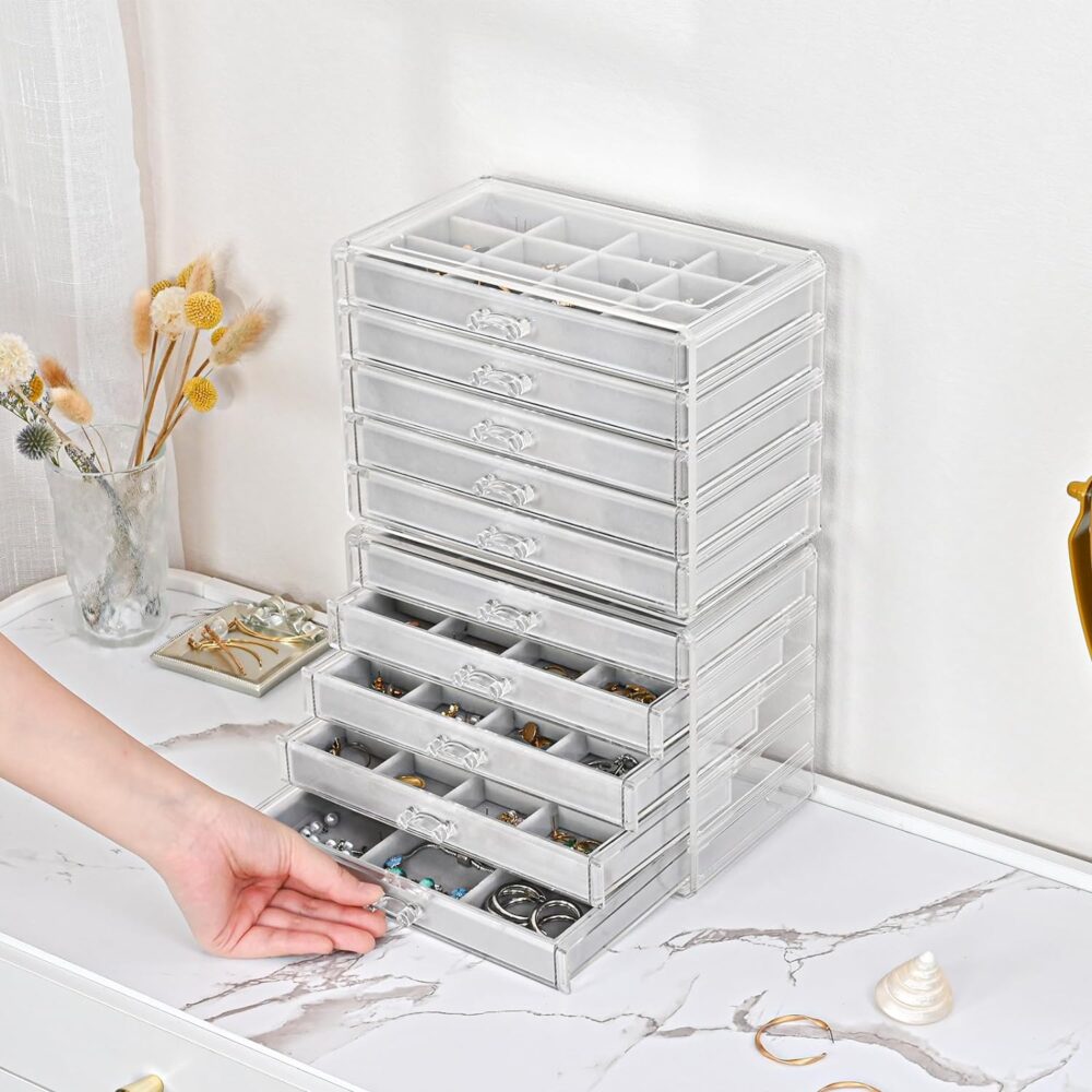 ProCase Earring Holder Organizer Jewelry Box with 10 Drawers, Acrylic Clear Earring Case with Adjustable Velvet Trays for Women - Grey, 10 Layers - Image 3