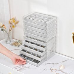 ProCase Earring Holder Organizer Jewelry Box with 10 Drawers, Acrylic Clear Earring Case with Adjustable Velvet Trays for Women - Grey, 10 Layers - Image 3