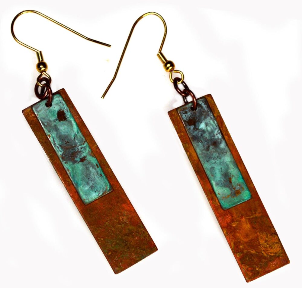 Elaine Coyne Verdigris and Earth Patina Bohemian Chic Elongated Rectangle Earrings - Image 2