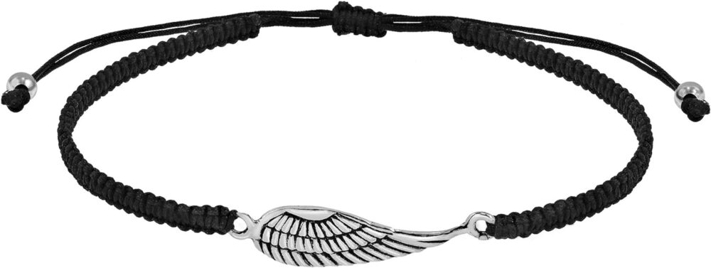 AeraVida Mystical Sideways Heaven's Angel Wing .925 Sterling Silver Charm on Black Adjustable Bracelet | Stylish Handmade Jewelry for Women | Statement Bracelet | Boho Jewelry