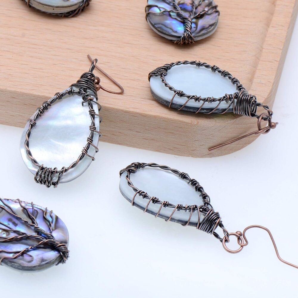 Handmade Teardrop Abalone Shell Dangle Earrings for Women, Wire Craft Tree of Life Earrings - Image 3