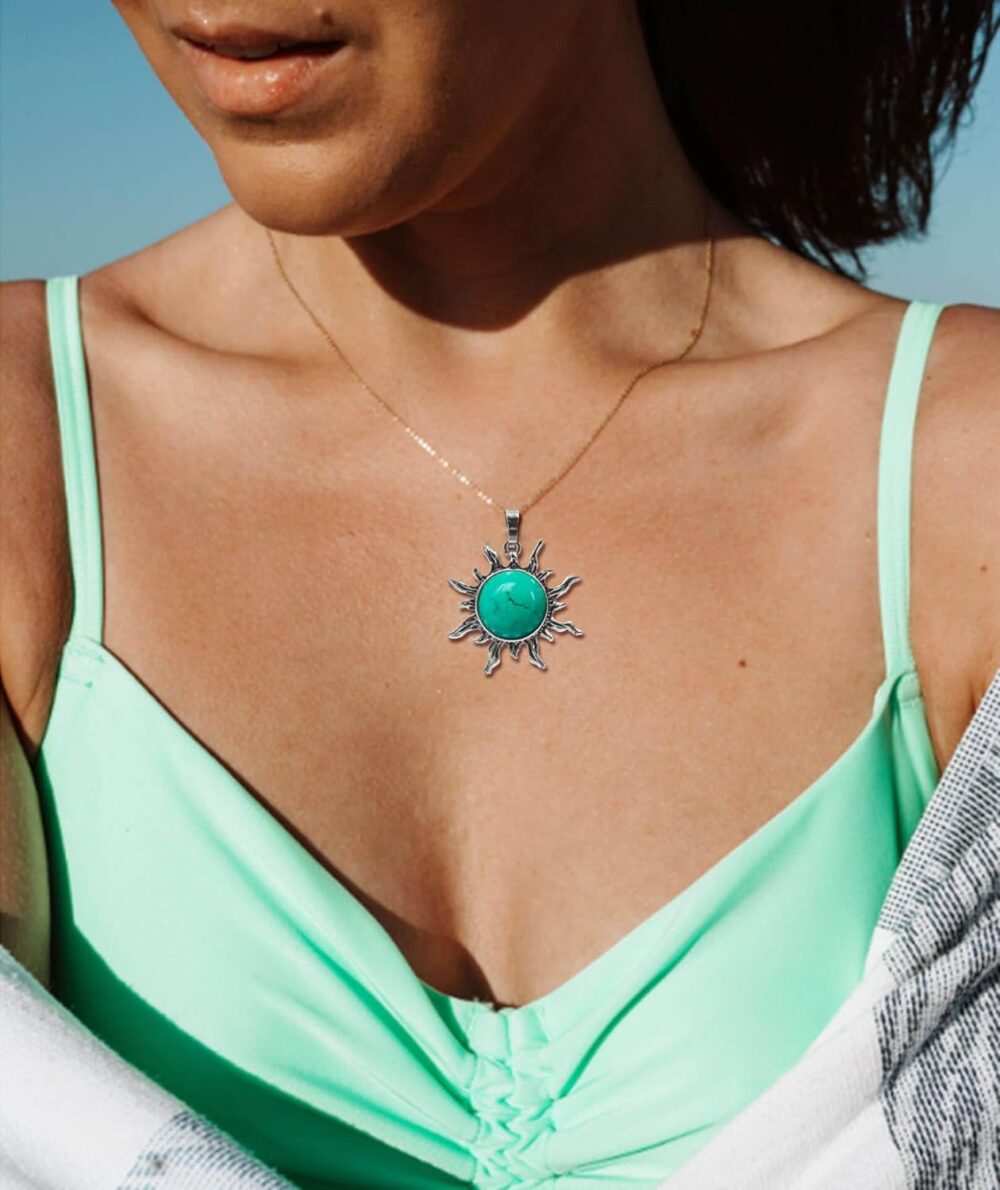 Turquoise Necklace for Women, Boho Sun Pendant Necklace with Stainless Steel Chain, Handmade Spiritual Healing Stone Western Necklace for Women (Green Turquoise) - Image 3