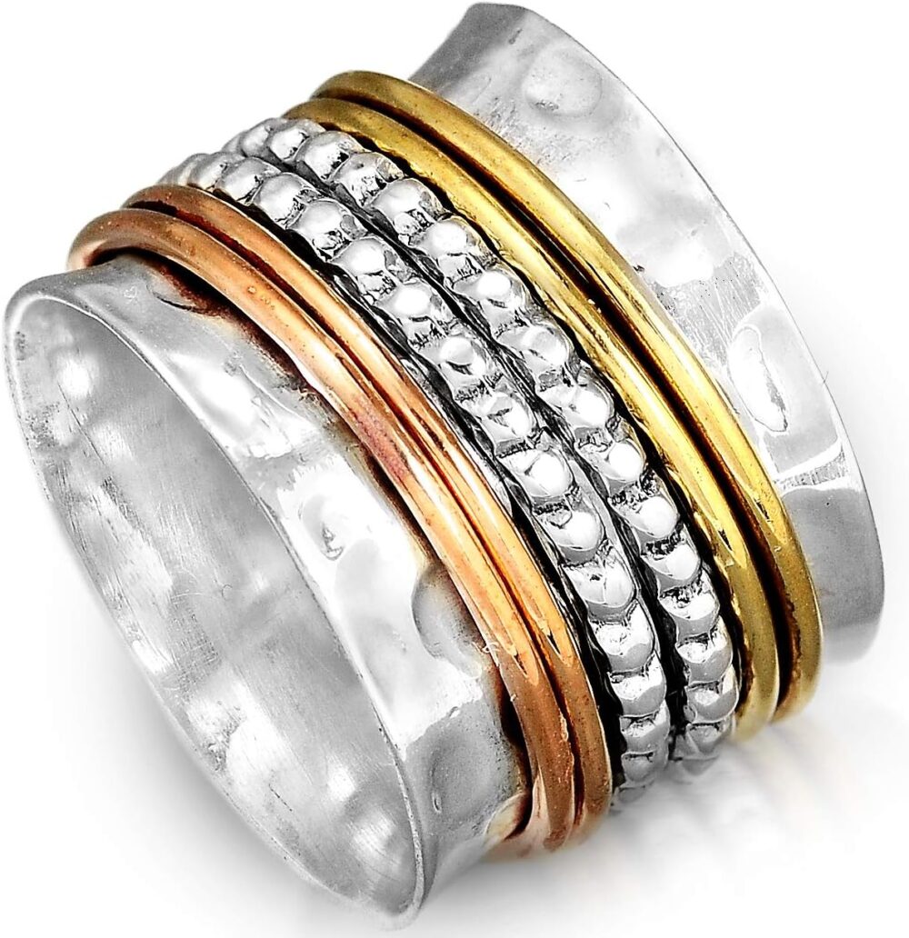 Boho-Magic 925 Sterling Silver Spinner Ring with Brass and Copper Fidget Rings for Women Wide Band