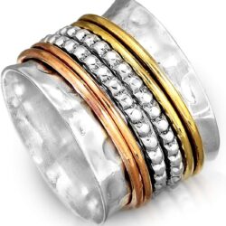 Boho-Magic 925 Sterling Silver Spinner Ring with Brass and Copper Fidget Rings for Women Wide Band