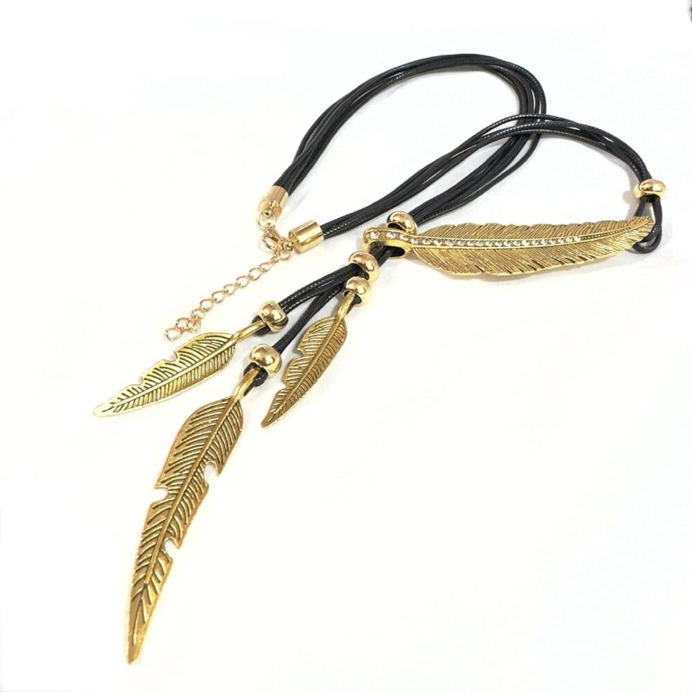 Bohemian Style Rope Chain Leaf Feather Pattern Pendant Necklace Fashion Accessories for Women (Black Rope - Gold) - Image 3