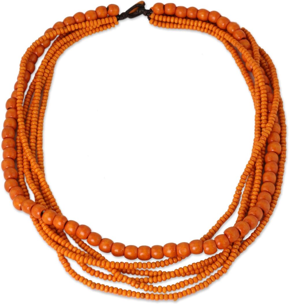 Handmade Wood Beaded Necklace Orange from Thailand - Tangerine Cadmium Nature 'Solar Dance