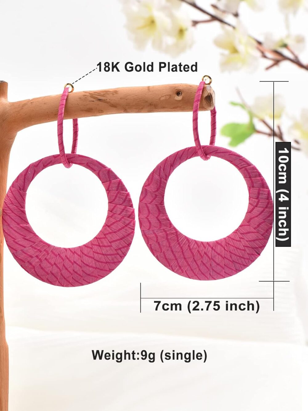 Exclusive Pink Handmade Earrings, Silk Fine Fabric Wrapped Hoop Boho Earrings for Women, Bohemian Style Exaggerated Loop Earrings, Drop And Dangle Earring, Bright, Flamboyant - Image 3