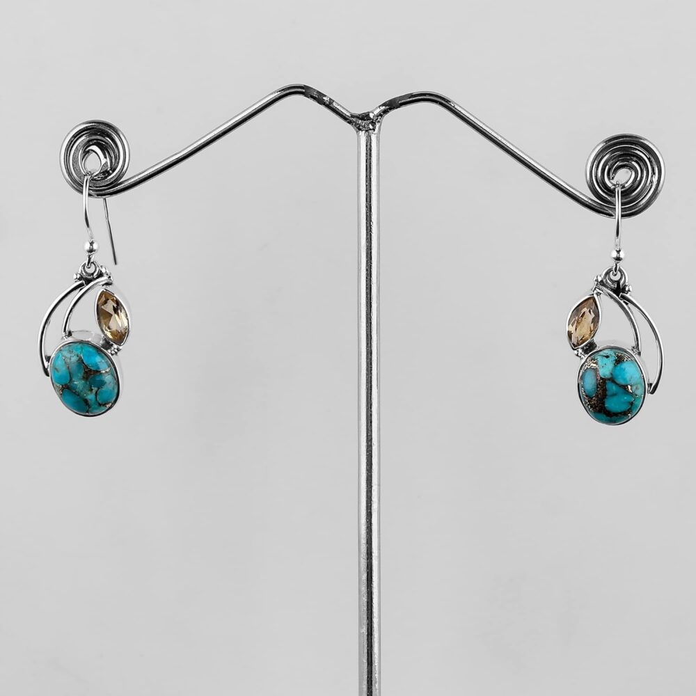 925 Sterling Silver Earring Genuine Turquoise & Citrine Gemstone Earrings Filigree Dangle Earrings Women Bohemian Handmade Jewelry Birthstone Elegant Minimalist Bridal Earring Christmas Gift - Image 5