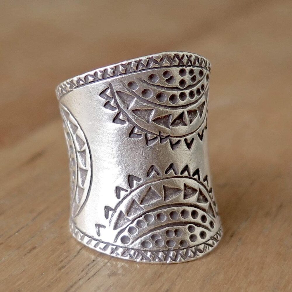 Sterling Silver Boho Large Statement Ring,"SilverShapes" Handmade Ethnic Geometric Engravings Hippie Gypsy Wide Band Adjustable Ring, Also as Thumb ring, Gift for Her - Image 2