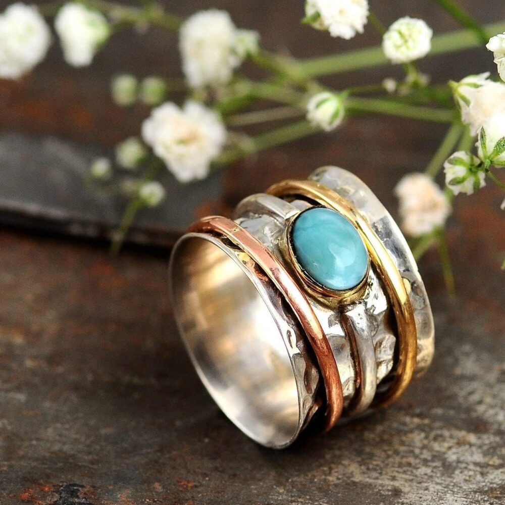 Boho-Magic 925 Sterling Silver Spinner Larimar Ring for Women with Copper and Brass Fidget Rings Bands - Image 2