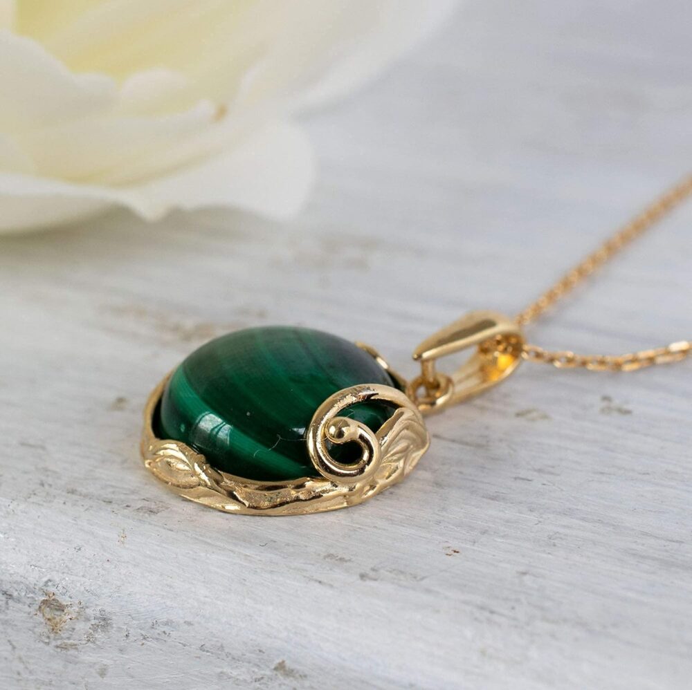 14K Yellow Gold Plated Over 925 Sterling Silver Dark Green Malachite Large Pendant; May Taurus Birthstone Necklace; Unique Jewelry For Women ; Handmade Vintage Style Malachite Necklace For Women - Image 4