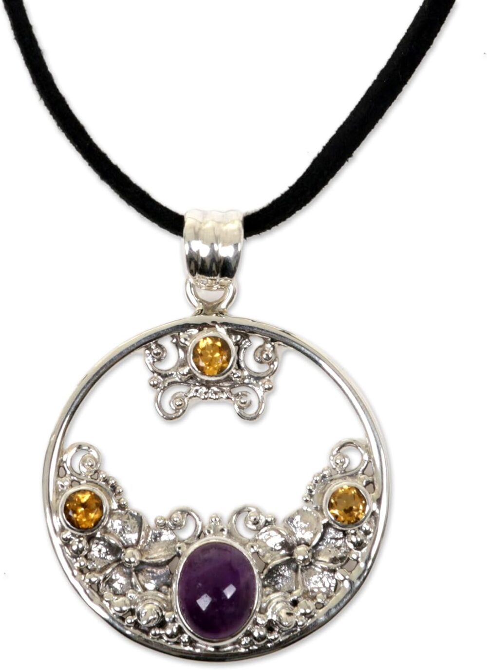 Handmade Citrine Amethyst Floral Necklace Sterling Silver Bali Jewelry Purple Yellow Pendant Cord Indonesia