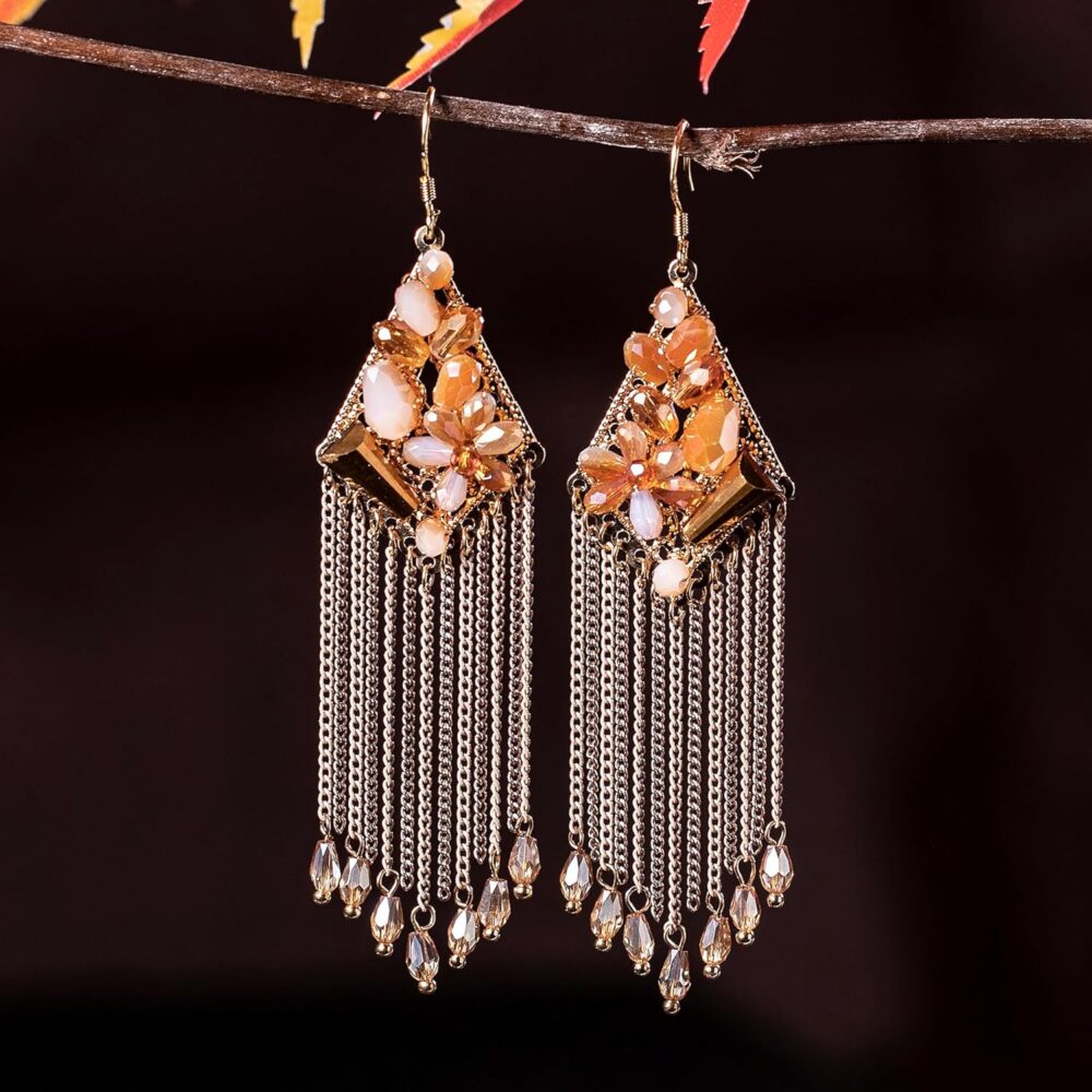 Boho Tassel Drop Dangle Earrings for Women Rhombus Shape Golden Beaded Ethnic Crystal with Bohemian Retro Vintage Flower Handmade Jewelry - Image 2