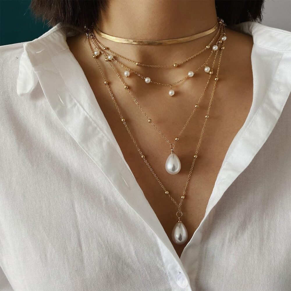 Gold Necklace for Women Trendy Layered Necklaces Set Boho Turquoise Beaded Necklace Long Coin Pendant Necklace Pearl Chain Choker Necklaces Rhinestone Tennis - Image 3