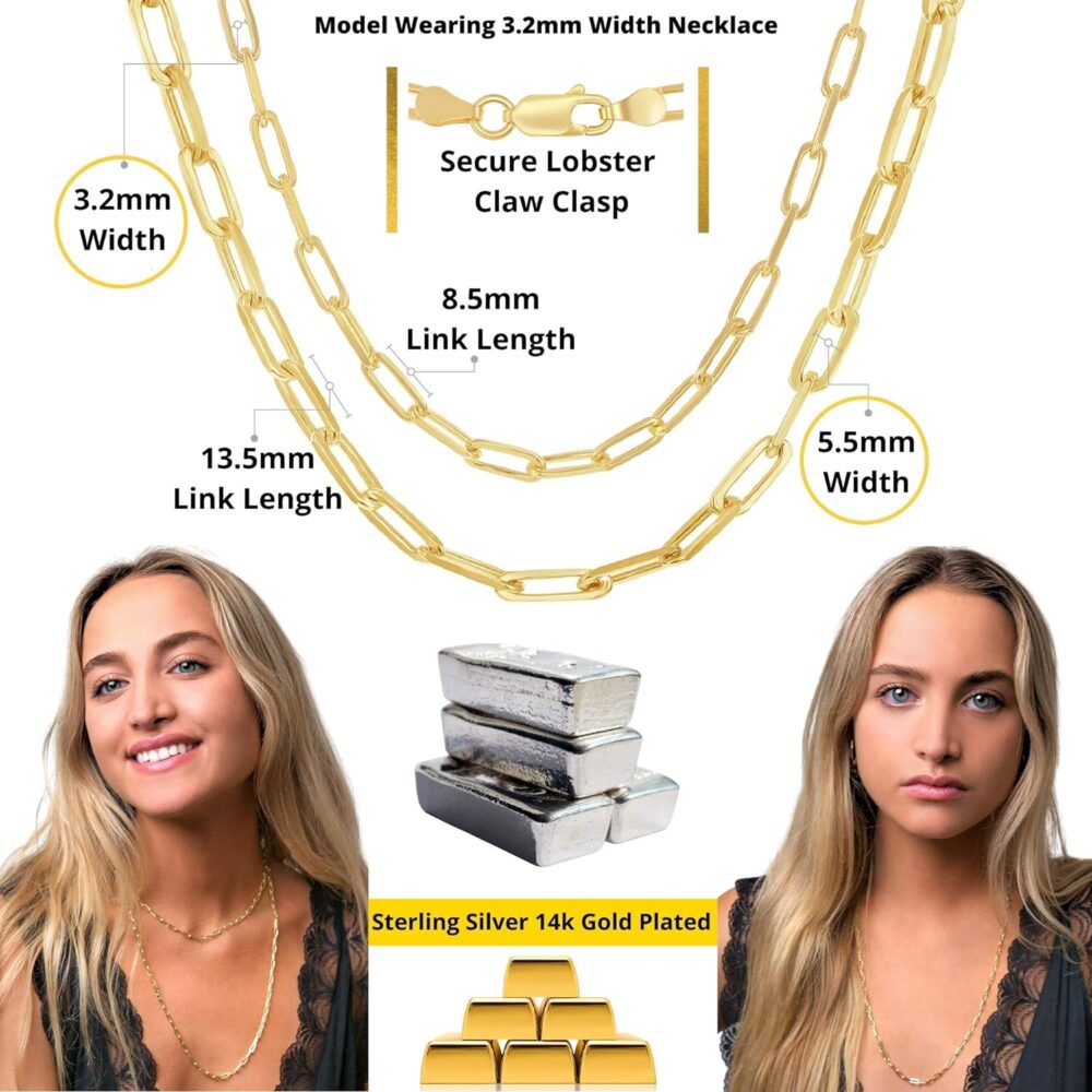 Beaux Bijoux Paperclip Chain Necklaces for Women | Sterling Silver 14k Gold Plated | Women's Trendy Layering Necklaces | Choose Width and Length | Fine Chain Necklaces Crafted in Italy - Image 3