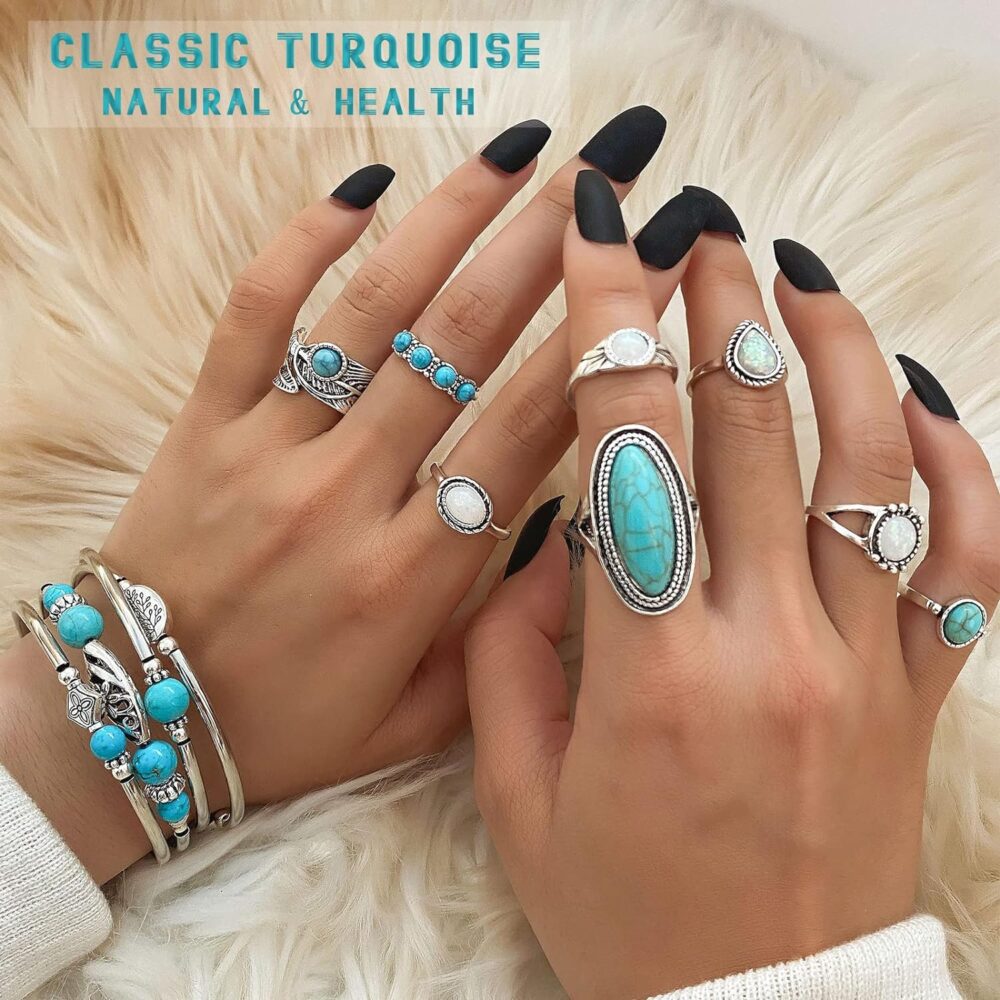 IFKM 47 PCS Silver Bohemian Jewelry Set With 4pcs Turquoise Necklace,12 pairs Dangle Earrings, 11pcs Stackable Bangle Bracelets, 20pcs Knuckle Rings For Women Girls Vintage Western Boho Turquoise - Image 4