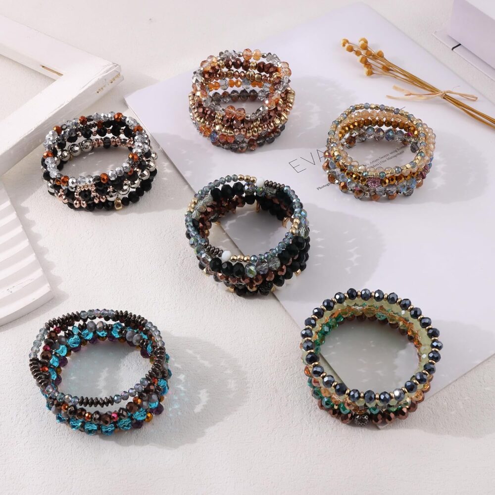 WAINIS 6 Sets Bohemian Beaded Stackable Bracelets for Women Stretch Multilayered Crystal Bracelet Set Multicolor Boho Glass Bead Bracelets Pack - Image 6