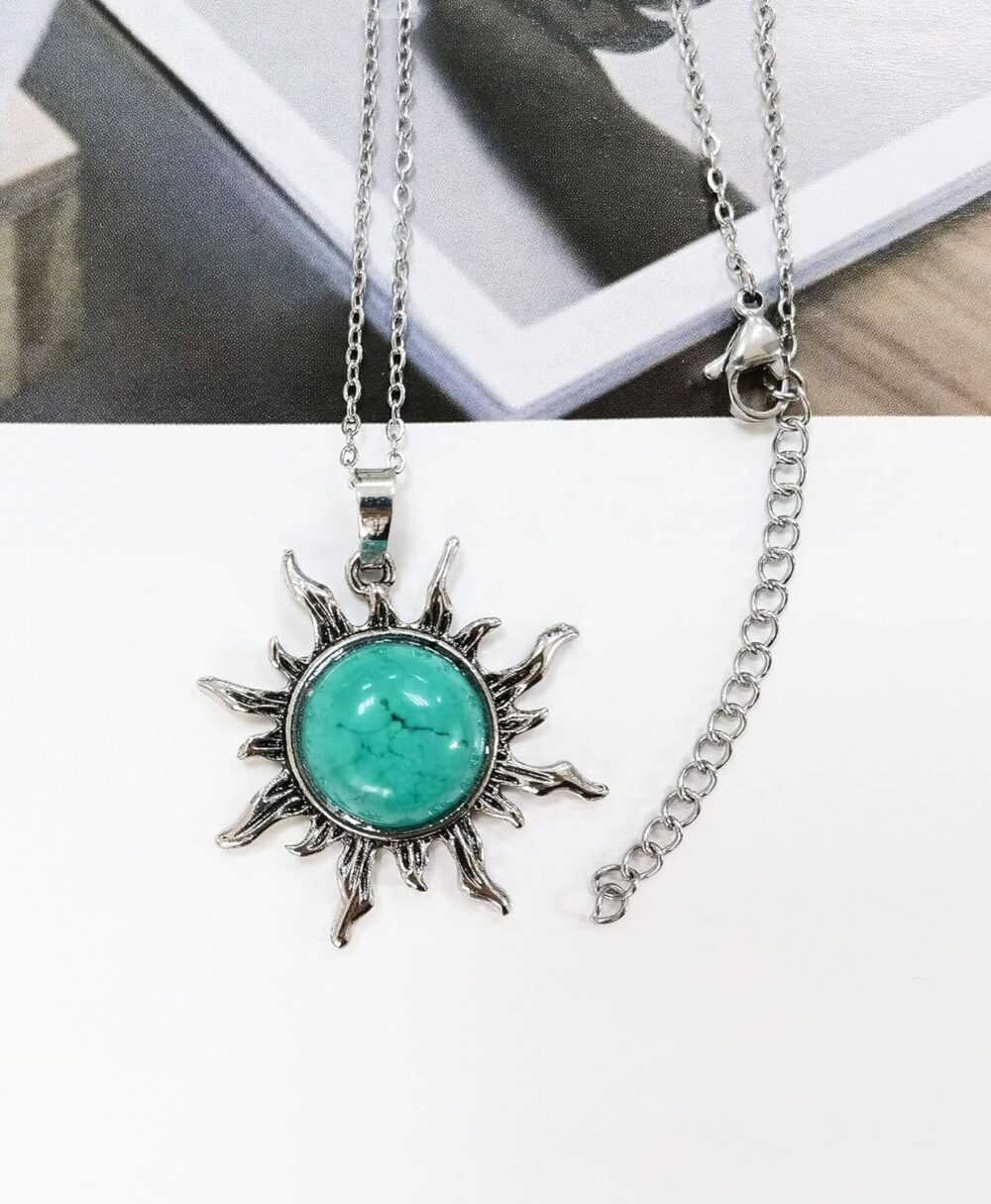 Turquoise Necklace for Women, Boho Sun Pendant Necklace with Stainless Steel Chain, Handmade Spiritual Healing Stone Western Necklace for Women (Green Turquoise) - Image 6