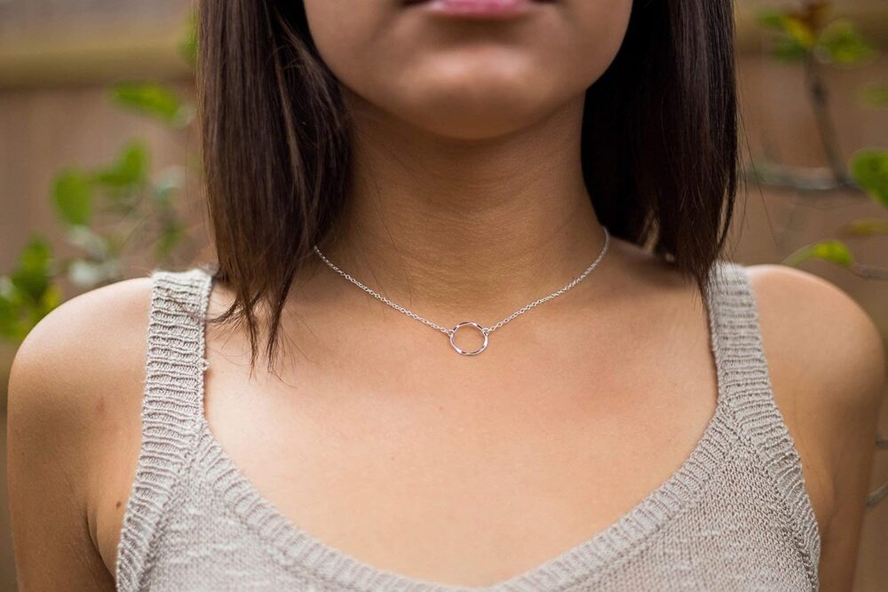 Open Circle Necklace for Women - Sterling Silver Karma Necklace Choker Layer Hammered Circle Minimal Adjustable Length (15-17 inches adjustable) - Image 6