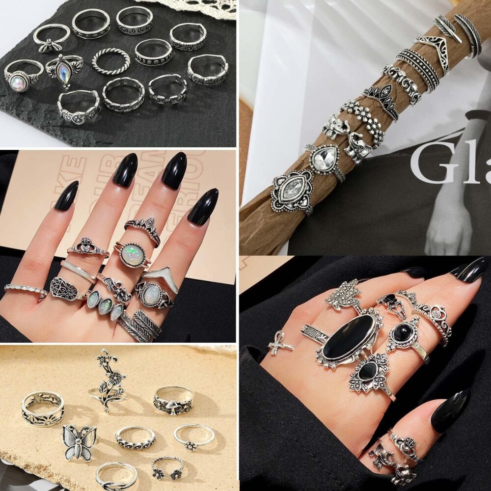 Vintage Silver Knuckle Rings Set for Women Men, Chunky Rings Aesthetic Snake Grunge Stackable Gothic Ring Adjustable Y2K Punk Bulky Boho Finger Alt of Rings, Stacking Fairy Skull Frog Heart Star Flower Midi Ring Pack - Image 6