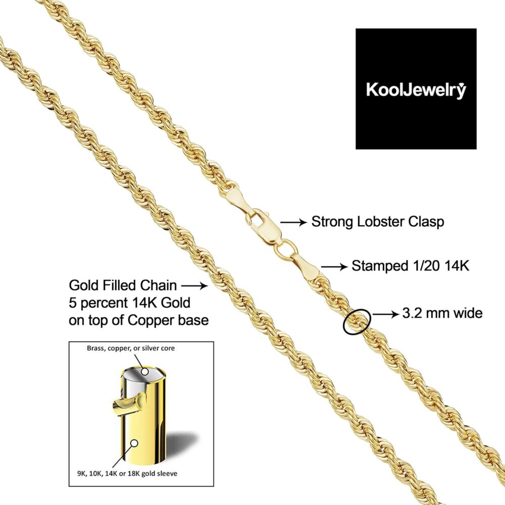 Kooljewelry Solid 14k Yellow Gold Filled Rope Chain Necklace for Men and Women (2.1 mm, 3.2 mm, 4.2 mm or 6 mm) - Image 3