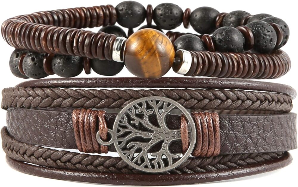 HZMAN Genuine Leather Tree of life Bracelets Men Women, Tiger Eye Natural Stone Lava Rock Beads Ethnic Tribal Elastic Bracelets Wristbands