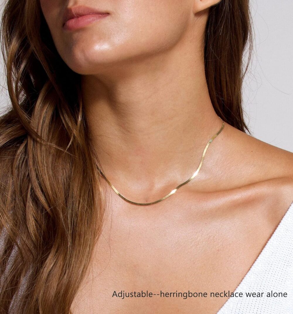 Herringbone Necklace For Women,14k Gold Plated Layered Gold Necklaces Dainty Gold Herringbone Necklace Chunky Thin Paperclip Snake Chain Choker Necklace For Women Girls Gold Jewelry Gifts - Image 8