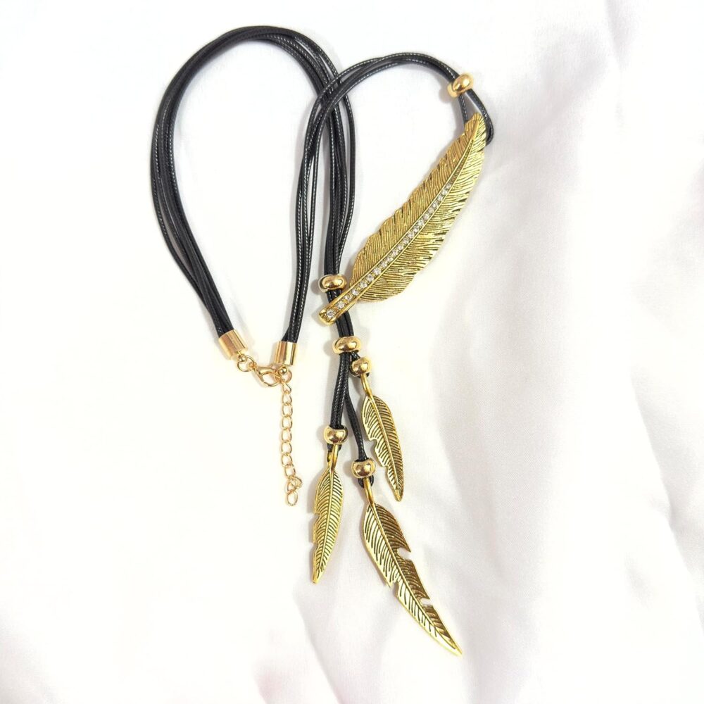 Bohemian Style Rope Chain Leaf Feather Pattern Pendant Necklace Fashion Accessories for Women (Black Rope - Gold) - Image 5