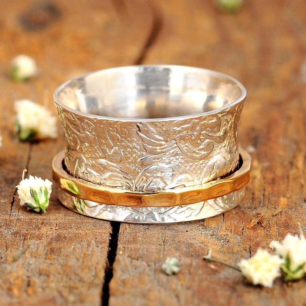 Boho-Magic 925 Sterling Silver Spinner Ring for Women with Brass Fidget Ring Flowers Band - Image 6