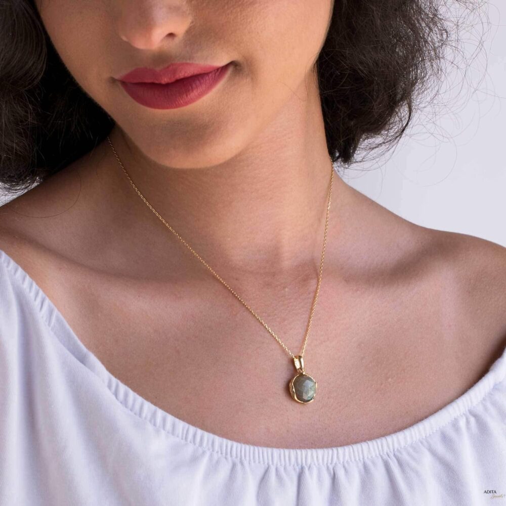 14K Gold Plated Labradorite Necklace Pendant - March Birthstone, Handmade Vintage Style Jewelry for Women - Image 2