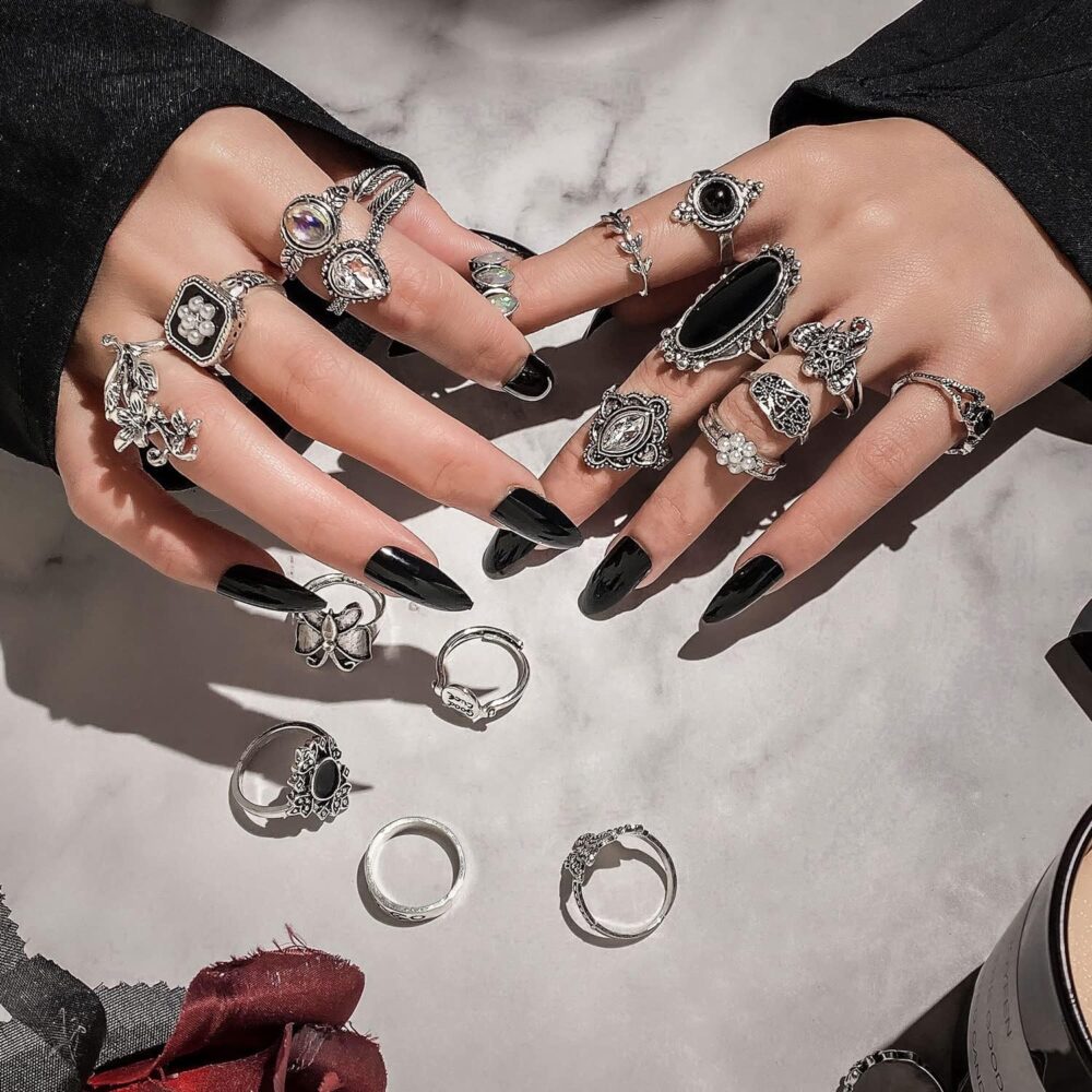 Vintage Silver Knuckle Rings Set for Women Men, Chunky Rings Aesthetic Snake Grunge Stackable Gothic Ring Adjustable Y2K Punk Bulky Boho Finger Alt of Rings, Stacking Fairy Skull Frog Heart Star Flower Midi Ring Pack - Image 4