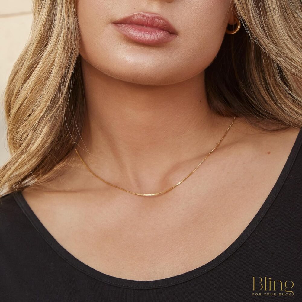 Bling For Your Buck 18K Gold over Sterling Silver .8mm Thin Italian Box Chain Necklace for Women and Men, Sizes 14" - 40" - Image 4