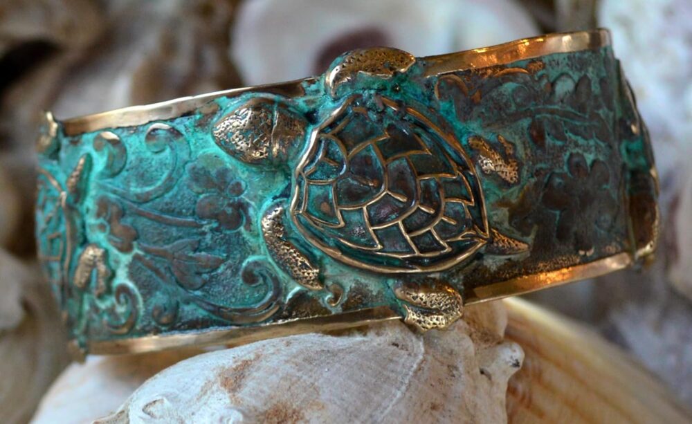 Classic Sea Turtle Cuff Bracelet - USA Made - Verdigris Patina Brass - Image 5