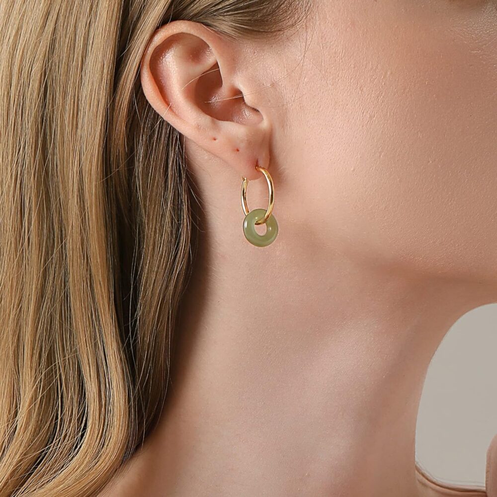 Natural Green Hetian Jade Dangle Hook Big Hoop Earrings Minimalist Circle Jade Drop Earrings 14K Gold Jewelry Birthday Gift for Women Girl - Image 3