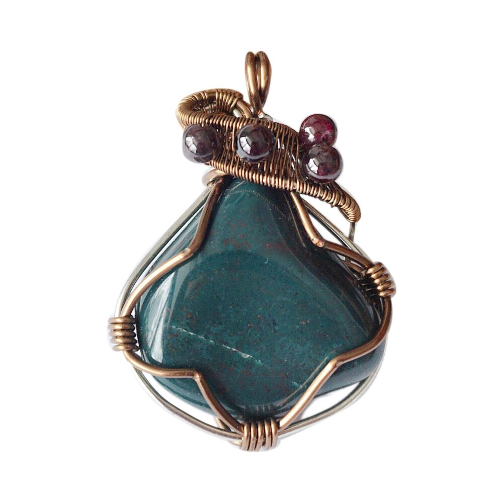 Designs by Nature Gems Handmade Women’s Bloodstone & Garnet Necklace 24 Inch Chain Antique Bronze, January & March Birthstone, Wire Wrapping Jewelry, Wire Wrapped Pendant, Comes with a Gift Box