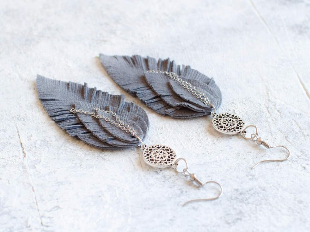 Grey suede Leather Earrings, feather layered earrings, Boho, dangle earrings, bohemian, fringe, long earrings - Image 3